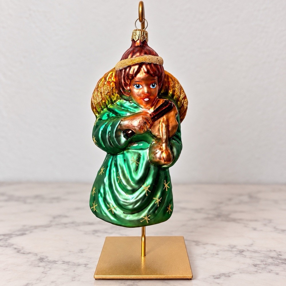 Christopher Radko Angel With Violin 5.5" Glass Christmas Ornament Green Gold